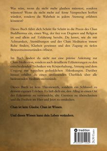 Buchrückseite mit Text zu Chan-Buddhismus, Meditation und Wissen. Buch soll Praxis vertiefen, nicht theoretisch.