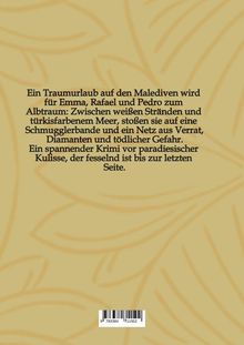 Text beschreibt einen Krimi auf den Malediven, voller Verrat und Gefahr. Hintergrund in sanften Gelbtönen mit Blattmuster.
