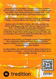 Text über ein Spiel aus Macht und Wahrnehmung, Farben und Manipulation. Thriller zwischen Potsdam und Senftenberg. Logo unten links.