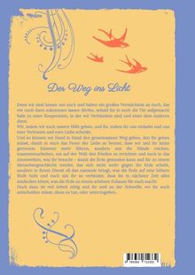 Text: "Der Weg ins Licht". Darunter ein Absatz mit spiritueller Botschaft. Dekorative Zeichnung oben links, drei Vögel.