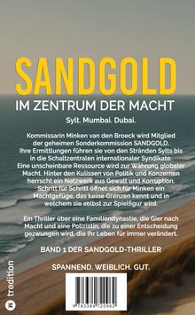 "SANDGOLD: Im Zentrum der Macht. Sylt. Mumbai. Dubai." Eine Küstenlandschaft im Hintergrund.