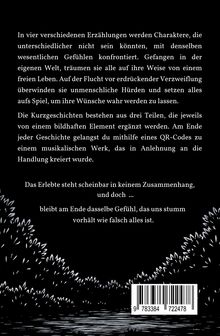 Text beschreibt vier Erzählungen und ihre Hauptthemen. Unten Illustration mit Pflanzen und Barcode.