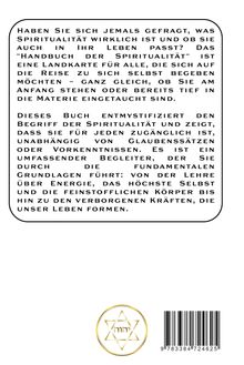 Text über Spiritualität und ein umfassendes Buch dazu. Unten ein goldener Stern mit Schriftzeichen und ein Barcode.