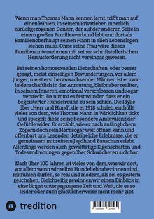 Ein Text beschreibt Thomas Mann als zurückgezogenen Denker in einem Familienverbund, seine homosexuellen Bewunderungen, und seine Schrift "Herr und Hund". Unten links befindet sich das Logo von "tredition".