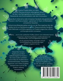 Texte beschreiben kreative Projekte, Planung, Teamarbeit, Handwerk und bieten praktische Methoden. Grüner Hintergrund, weiße Symbole.