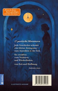 Zitat in orange: „Wenn du dieses Buch aufschlägst, wird die Zeit leiser.“ Silhouette, Mond und stilisierte Pflanzen.