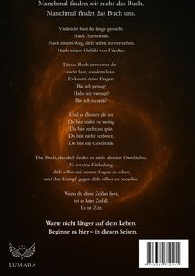 Texte: "Manchmal finden wir nicht das Buch. Manchmal findet das Buch uns." Unten "LUMARA" mit Engelsflügel-Logo.