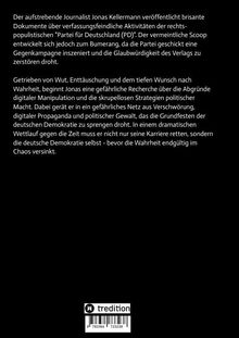 Text über einen Journalisten namens Jonas Kellermann, der über eine fiktive Partei recherchiert. Unten befindet sich ein Logo.