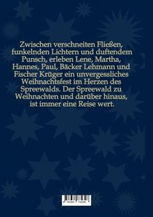 Text: Weihnachtliches Erlebnis im Spreewald erwähnt. Hintergründe: Sternenformen auf dunklem Hintergrund.