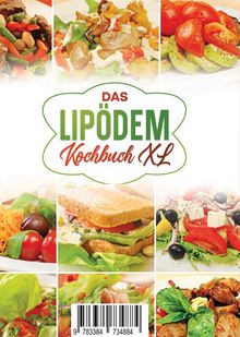 Text: "Das Lipödem Kochbuch XL". Verschiedene Speisen wie Salate, Sandwiches und Gemüse sind zu sehen.