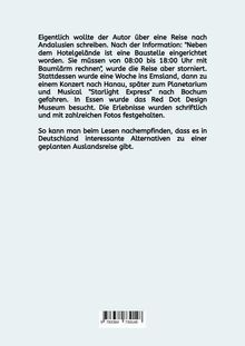 Ein Text beschreibt eine alternative Reise in Deutschland, da eine Auslandsreise wegen Baulärms storniert wurde. Es gibt einen Barcode.