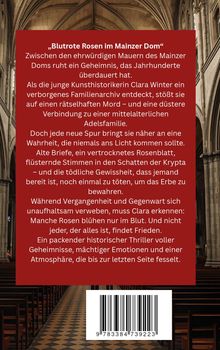 Deckblatt eines Buches. Roter Textblock mit Text über ein historisches Geheimnis im Mainzer Dom und einer Kunsthistorikerin.