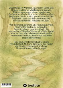Zwischen den Wurzeln einer alten Eiche lebt Knack. Illustration: Ein Bach fließt durch eine grüne Landschaft. Unten: Logo von "tredition".