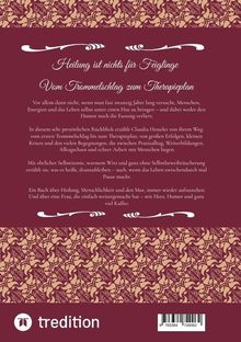 "Heilung ist nichts für Feiglinge. Vom Trommelschlag zum Therapieplan." Eine Buchbeschreibung in einem eleganten Design mit floralen Mustern.