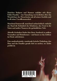 Ein lyrisch beschreibender Text über ein „Fehler-Paradies“. Unten sind Flammen abgebildet und ein Barcode ist sichtbar.