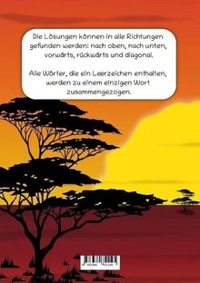 Texte: Lösungen können in alle Richtungen gefunden werden. Wörter mit Leerzeichen zusammengezogen. 

Illustration: Savannenlandschaft bei Sonnenuntergang.
