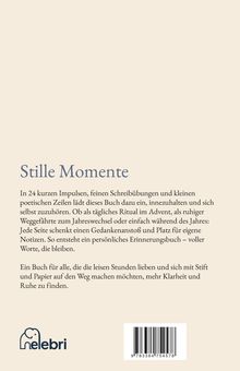 "Stille Momente" beschreibt ein Buch mit 24 Impulsen, Schreibübungen und Gedankenaustausch. Logo: stilisierter Elefant.