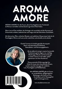 Texte: "AROMA AMORE" und eine Beschreibung über ätherische Öle und weibliches Körperwissen. Foto einer Frau.