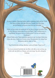 Text beschreibt Abenteuer einer Fledermaus im Winterwald. Zwei Vögel stehen am Boden, von Bäumen gerahmt.
