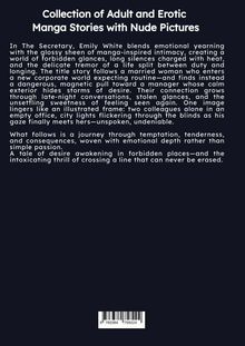 "Collection of Adult and Erotic Manga Stories with Nude Pictures. In The Secretary, Emily White blends..."<br>
Schwarzer Hintergrund, weißer Text.
