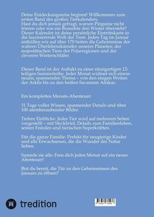Text: "Deine Entdeckungsreise beginnt! Willkommen zum ersten Band des großen Tierkalenders." Blauer Hintergrund. Logo unten links.