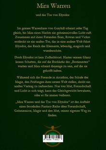 Text oben: "Mira Warren und das Tor von Elynor." 

Schrift: Gelb auf grünem Hintergrund. Unten ein Logo mit einem Ring.