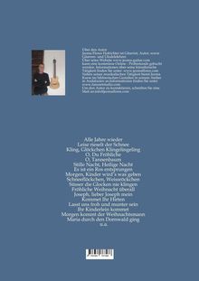 Ein Text beschreibt den Autor und seine Fähigkeiten, gefolgt von Titeln beliebter Weihnachtslieder. Links ein Foto mit einer Gitarre.