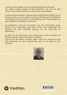 Text: "Camping ist kein Hobby, es ist eine Charakterprüfung mit Aussicht..." 
Unten ist ein kleines Foto eines lächelnden Mannes.