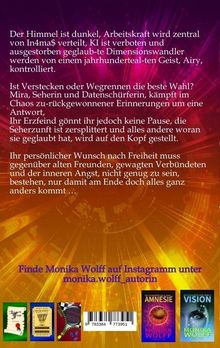 Text über dystopische Welt, Kontrollverlust, Suche nach Antworten und Freiheit. Unten: Instagramm-Info und drei Buchcover.