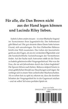 Text: "Für alle, die Dan Brown nicht aus der Hand legen können und Lucinda Riley lieben." 
Ein Buchrückentext beschreibt einen mysteriösen Tod und eine Enthüllung in Italien. Unten Barcode und Buchtitel.