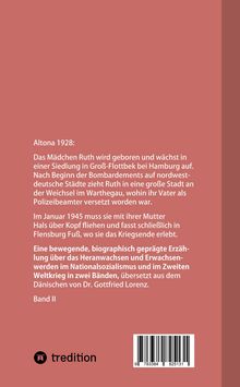 Ein rötlicher Hintergrund mit einem weißen Text über Ruths Leben. Unten links ein schwarzes "tredition" Logo, rechts ein Barcode.