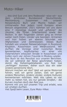 Texte: "Moto-Hiker" und am Ende "Viel Spaß beim Lesen, Eure Moto-Hiker." Beschreibung: Reisetagebuch über Motoradtouren durch Europa und Asien.