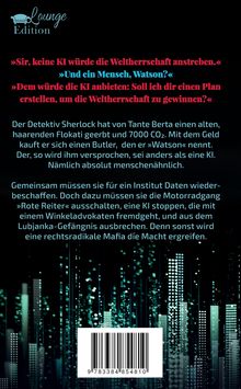 Ein Lounge-Edition-Logo, Text über KI, Sherlock, Watson, Mafia. Grafik mit leuchtenden Linien im Hintergrund.