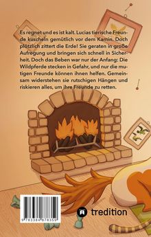 Ein Text beschreibt ein Abenteuer von Lucias Freunden bei Regen und Kälte. Illustration: Ein Kamin, ein Tier und Bilder an der Wand.
