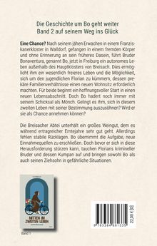 Die Geschichte um Bo geht weiter. Band 2 auf seinem Weg ins Glück. Ein Text beschreibt Bos Herausforderungen. Eine Buchcover-Illustration zeigt eine Person auf einem Fahrrad.