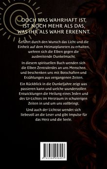 Ein Text über spirituelle Botschaften von Elben, die gegen Dunkelheit kämpfen, begleitet von einer stilisierten Spirale.