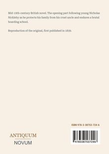 Mid-19th-century British novel über Nicholas Nickleby, der seine Familie schützt. Reproduktion von 1839. Beige Hintergrund.