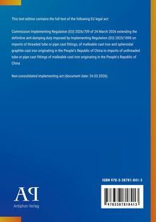 Der Text beschreibt eine EU-Verordnung (EU) 2026/709 über Antidumpingmaßnahmen für Gussfittings aus China. Im unteren Bereich befindet sich ein Logo des Antiphon Verlags.