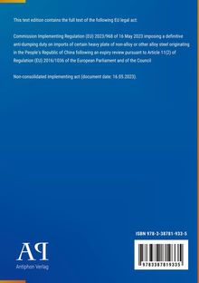 Ankündigung eines EU-Rechtsakts zur Antidumping-Abgabe auf Stahlimporte. Logo: "AQ Antiphon Verlag", blauer Hintergrund.