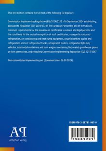 EU-Verordnungstext über Zertifikate für Kühlanlagen, Wärmepumpen und mehr. Enthält ISBN und ein Verlag-Logo.