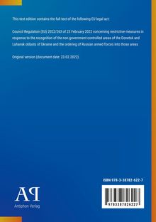 Text: EU-Verordnung (EU) 2022/263 vom 23. Februar 2022 zu Maßnahmen betreffend die Regionen Donezk und Luhansk. Unten: "Antiphon Verlag" und ein Barcode. Hintergrund: Blaues Design mit Farbverlauf.