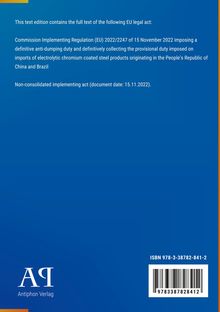 Text über EU-Verordnung 2022/2247 zu Antidumpingzöllen auf chinesische und brasilianische Stahlprodukte. Blauer Hintergrund.