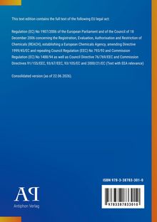 EU-Rechtsakt-Volltext, REACH-Verordnung. Konsolidierte Fassung 2026. ISBN 978-3-38783-301-0. Logo "AQ" unten links.