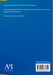 Blauer Hintergrund mit Text über eine EU-Verordnung zu restriktiven Maßnahmen gegen Russland, ISBN und Antiphon Verlag Logo.