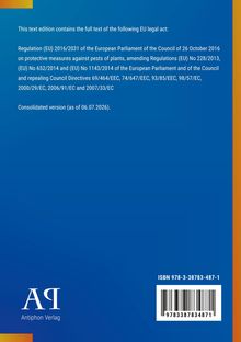 Text über EU-rechtliche Maßnahmen gegen Pflanzenschädlinge. Logo unten links, ISBN rechts. Blau-oranger Hintergrund.