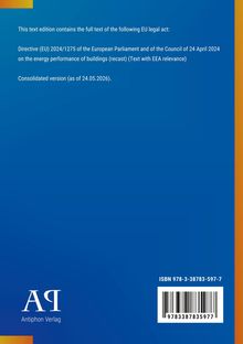 Blauer Hintergrund mit Text zur EU-Richtlinie 2024/1275 betreffend Energieeffizienz von Gebäuden. ISBN unten rechts. Logo links.