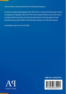 EU-Verordnungstext zu automatisiertem Fahren. Antiphon Verlag Logo unten links, blaue Hintergrundfarbe. Barcode unten rechts.