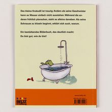 Text: "Das kleine Krokodil ist traurig... Du bist gut, wie du bist!" Illustration: Krokodil in einer Badewanne. Logo unten.