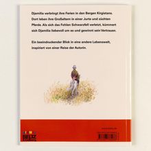 Text beschreibt Djamila, die Ferien in Kirgistans Bergen verbringt, sich um verletztes Fohlen kümmert. Illustration: Person auf weißem Pferd im Gras.
