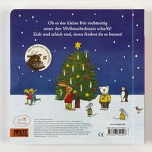 "Ob es der kleine Bär rechtzeitig unter den Weihnachtsbaum schafft? Zieh und schieb mal, dann findest du es heraus!" 

Illustration eines Tieres am Weihnachtsbaum mit weiteren Figuren.